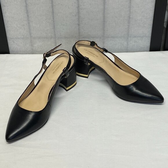 Liz Claiborne Pointed Closed Toe Chunky Low Heel Slingback Pumps LC Bay Black - Picture 6 of 13